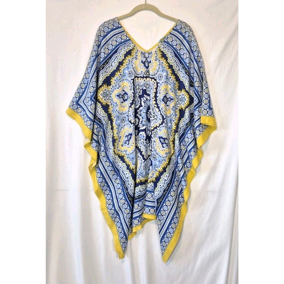 J. Mclaughlin Womens Blue Yellow Graphic Cover Up Caftan Dress Medium Large - Picture 1 of 5